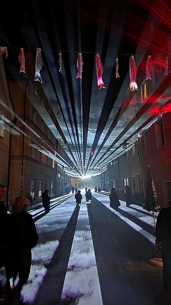 Viele Besucher erleben Lichtkunst in der Donaugasse im Herzen von Vilshofen. 